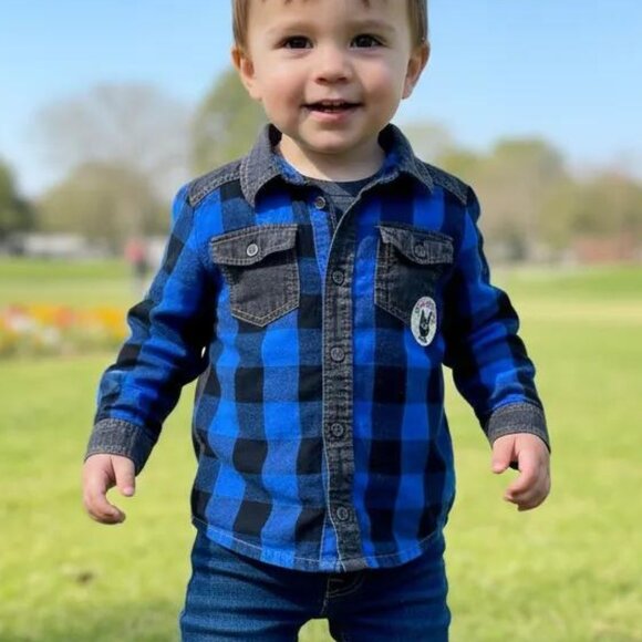 PL Kids Buffalo Check Colourblock Button-Down Shirt 2T - Picture 1 of 7